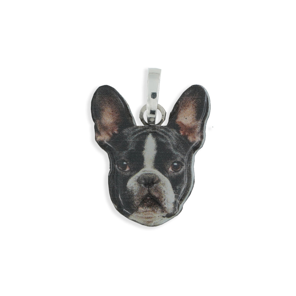 Medaglia pendente in argento con razza Bulldog Francese bianco e nero