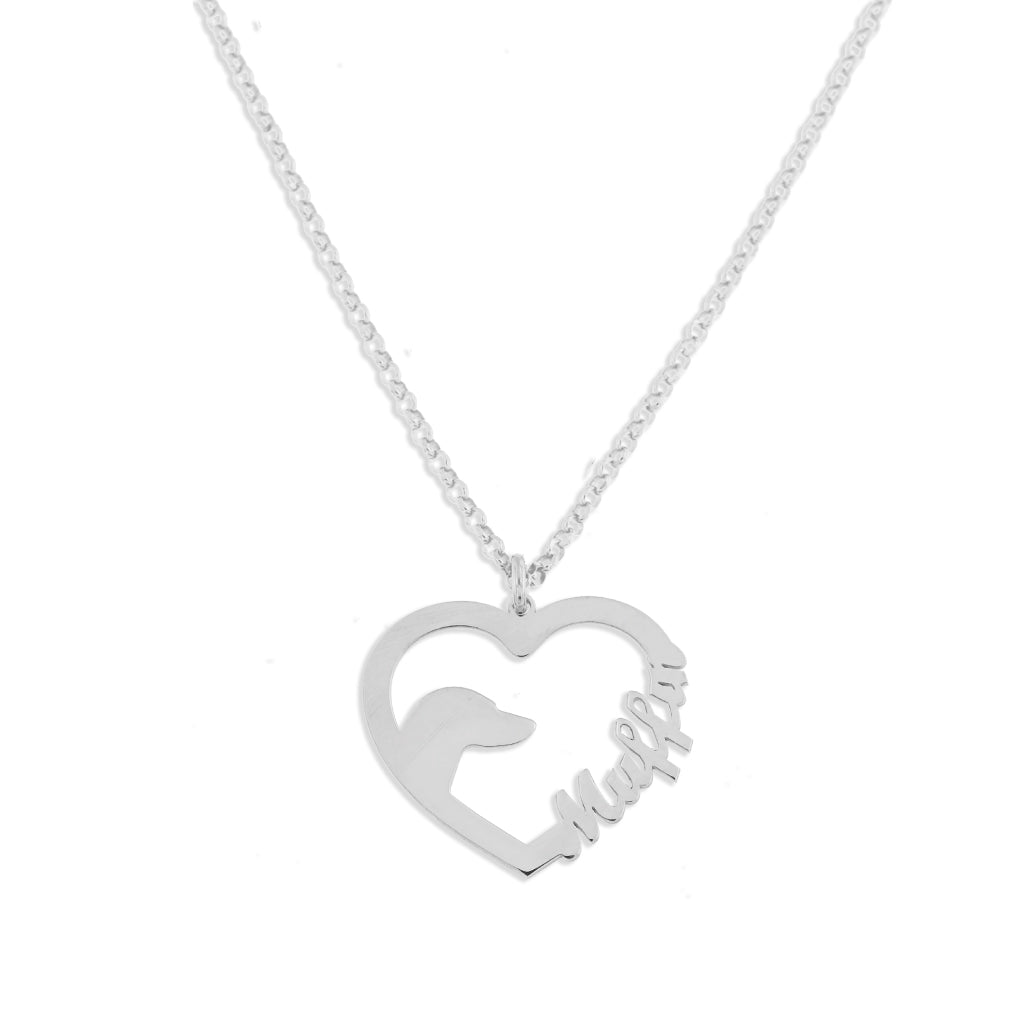 Collana in argento 925 bianco  a forma di cuore con cane cm 2 x 2 lunghezza cm 40+3 con  nome ( max 6 lettere )