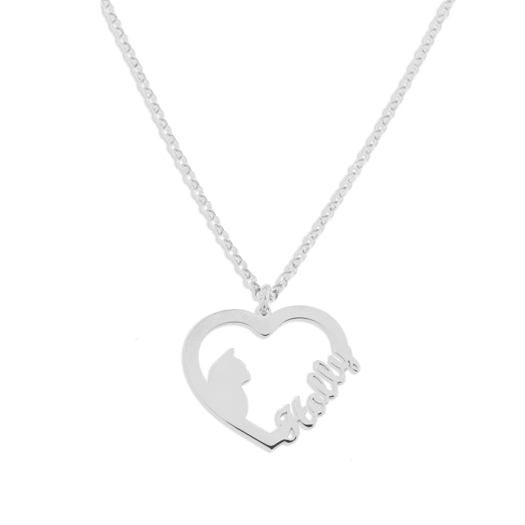 Collana in argento 925 bianco  a forma di cuore con gatto cm 2 x 2 lunghezza cm 40+3 con  nome ( max 6 lettere )