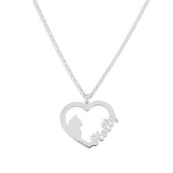 Image of Collana in argento 925 bianco  a forma di cuore con gatto cm 2 x 2 lunghezza cm 40+3 con  nome ( max 6 lettere )